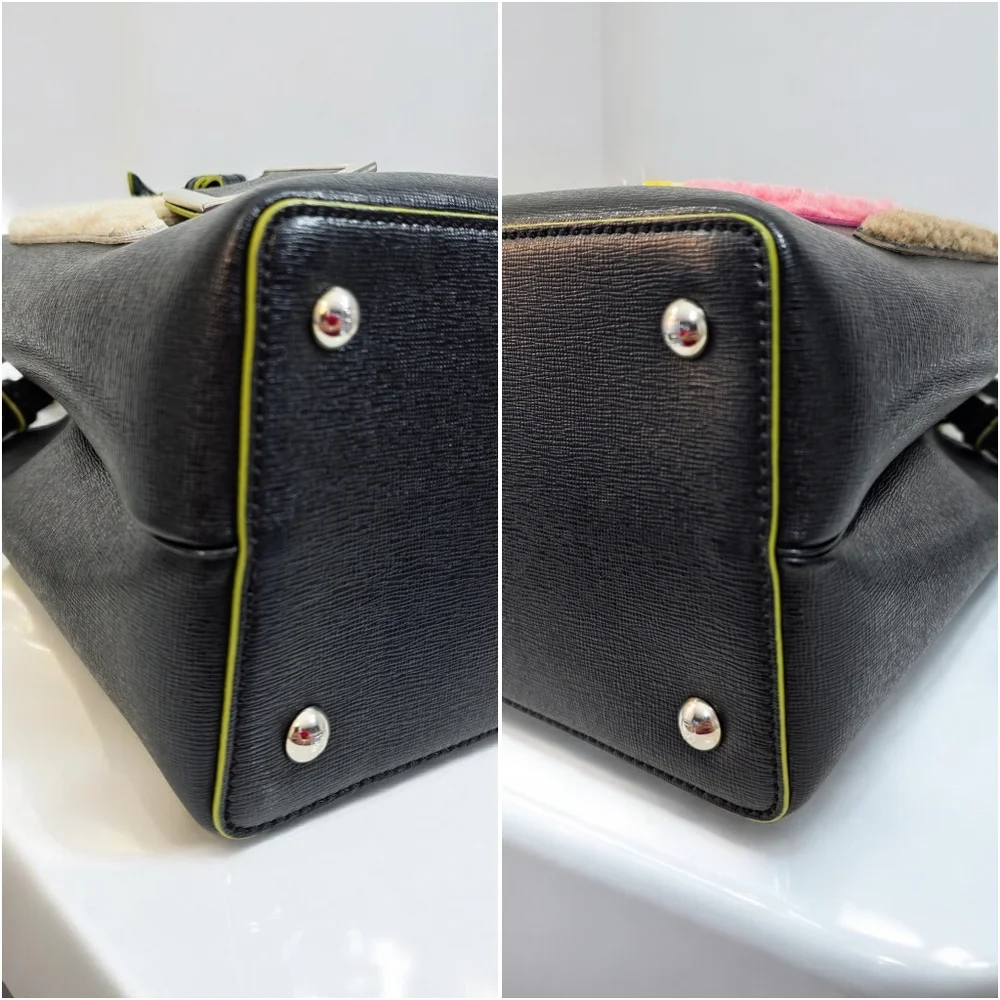 Fendi 2Jours Black Leather Tote Crossbody Bag Multicolor Shearling Logo - Picture 5 of 16